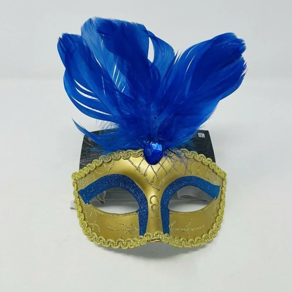 Spirit Halloween Venetian Mask Gold Blue Feathers